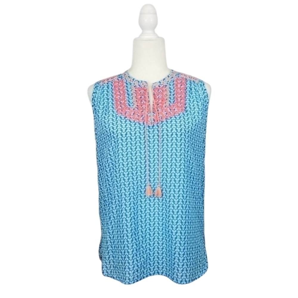 J. Crew blue orange coral embroidered tassels sleeveless top women's size 4